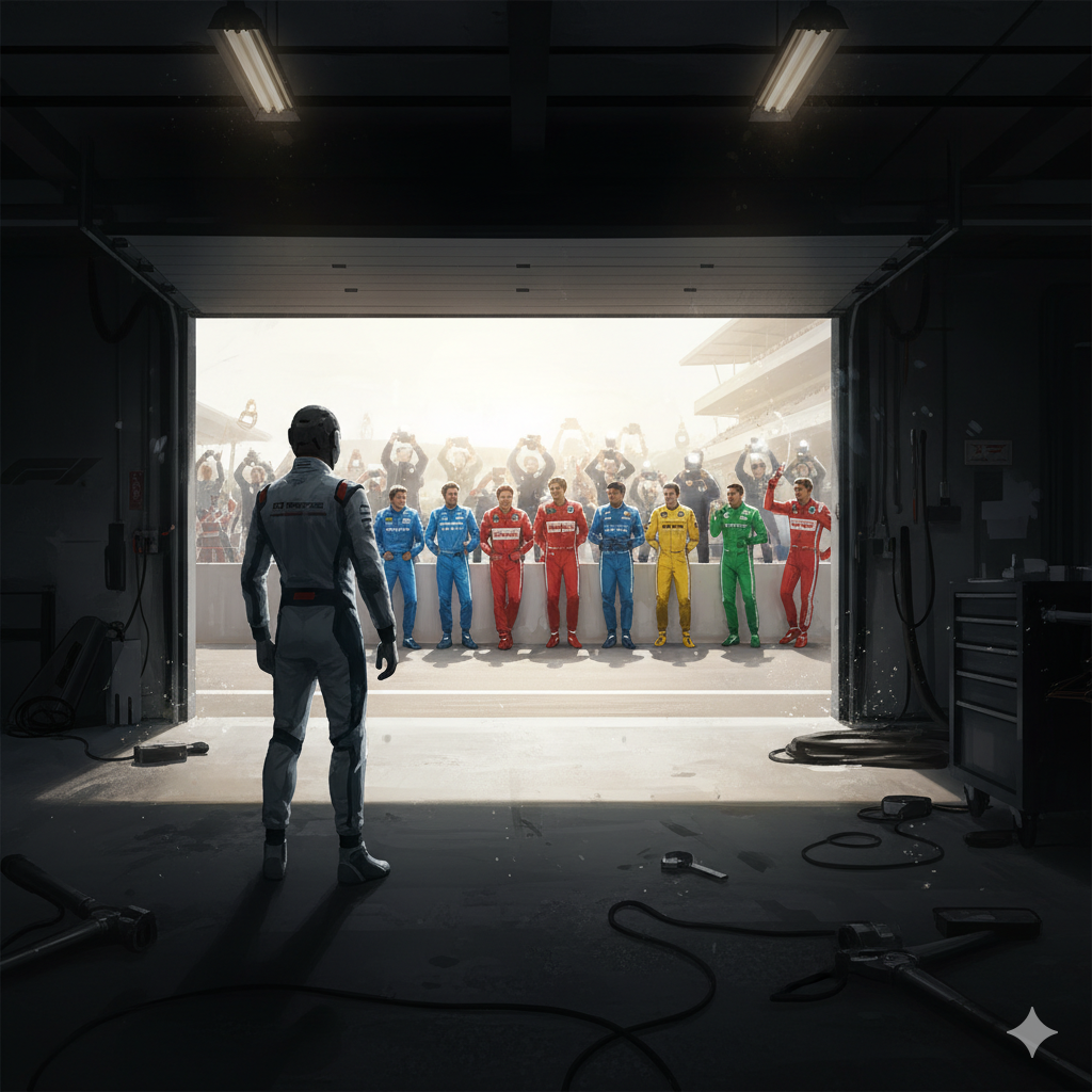 A figure in racing overalls stands in the garage shadows watching celebrated drivers pose on the pit wall.