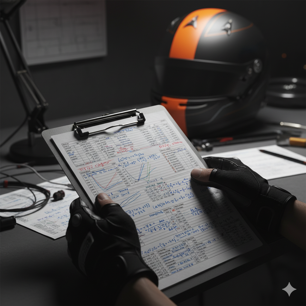 Hands work through racing data sheets and calculations with a helmet nearby.