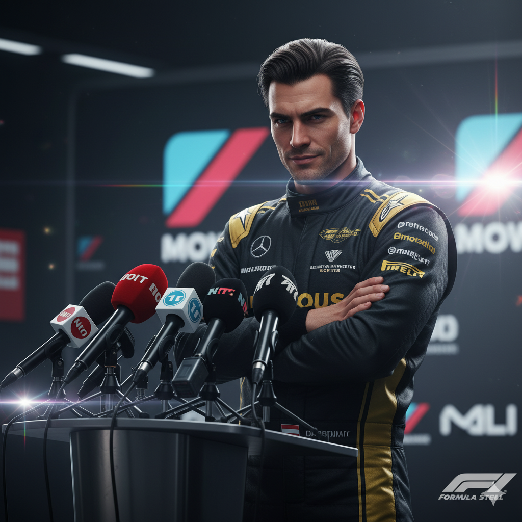 Marcus Steele in racing gear smirks at a press conference, arms crossed behind microphones.