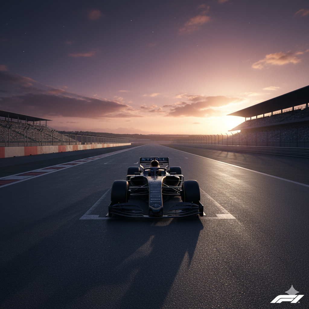 A single racing car at dawn on an empty track stretching into the distance.