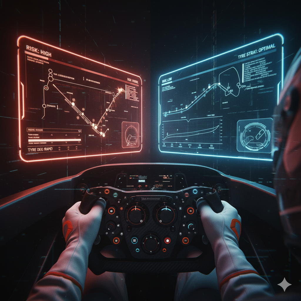A driver stands at a fork in the pit lane, two paths ahead - one marked with green flags for consistent practice, the other with red flags for intense race simulation.