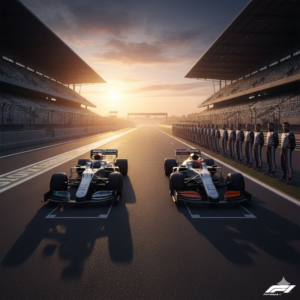 Dawn breaking over Silverstone Circuit with two racing cars on the start/finish straight, pit crews at attention.