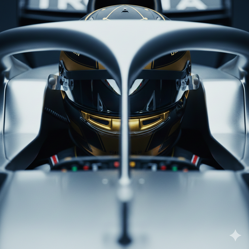 Marcus Steele in his cockpit, helmet on, visor down, three-time champion focused and ready.