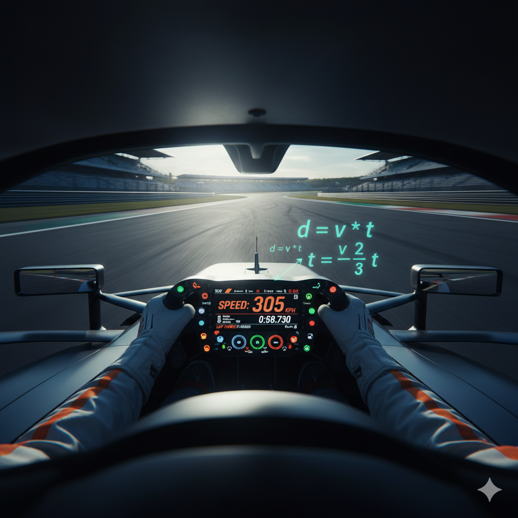 First-person view from inside your cockpit, empty track ahead, dashboard displaying speed and timing data.
